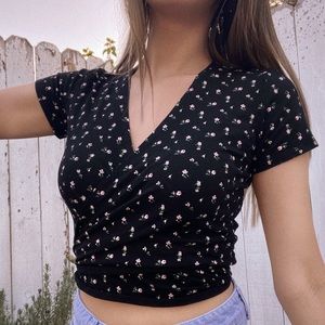 v-neck black floral wrap crop top
